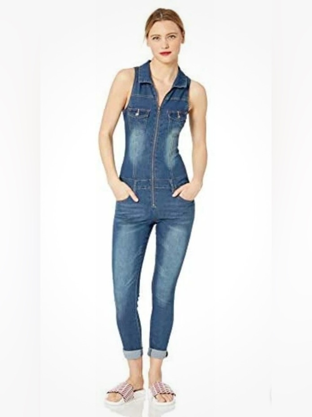 COVER GIRL  Denim Biker Skinny Long Jumpsuit Overalls Sexy Zip Up  11/12 juniors